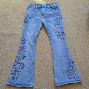Oli & Hali Light Blue Floral Embroidered Flare Jeans